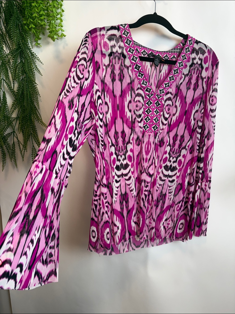 INC International Concepts Fuchsia and Black Abstract Blouse